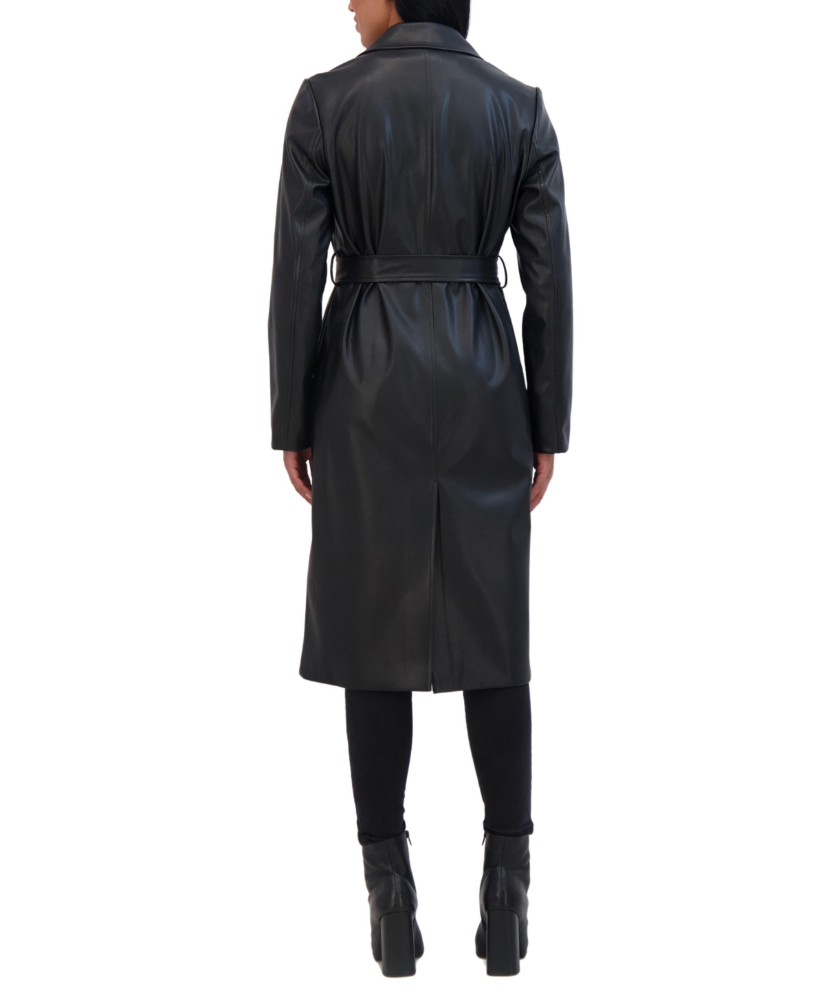 Sebby Collection Women's Belted Snap Front Faux Leather Long Trench Coat