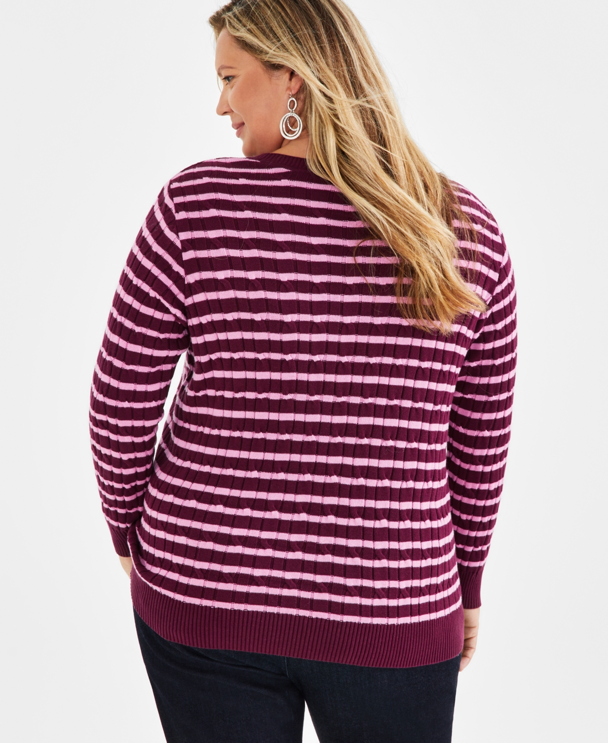 Style & Co Plus Size Cotton Striped Cable-Knit Crewneck Sweater, Created for Style & Co