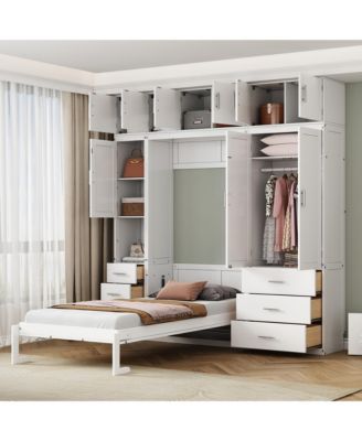 Twin Size Murphy Bed with Lockers & Wardrobes, White