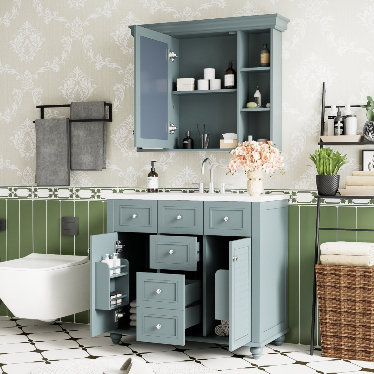 Streamdale Furniture 36'' Bathroom Vanity with Mirror Cabinet, Ample Storage, Soft-Close Doors & Drawers
