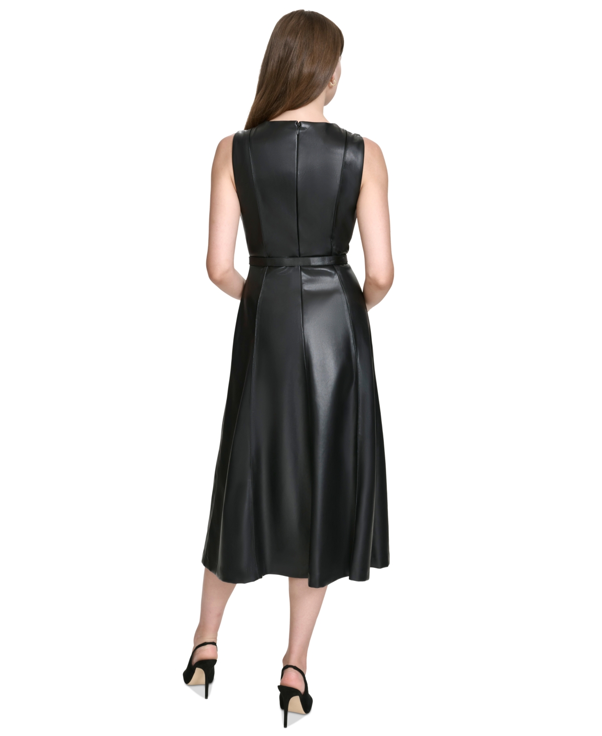 Halston Women's Faux-leather Belted Sleeveless Midi Dress In Black