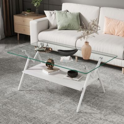 Modern Glass Coffee Table with White Metal Legs