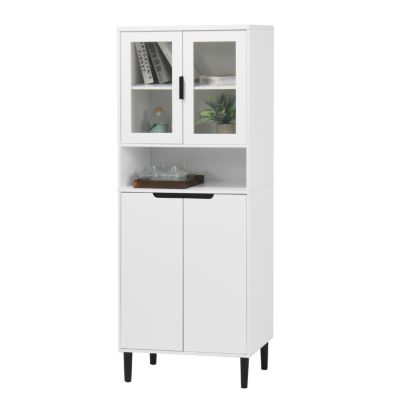 Tall Storage Cabinet with Glass Display & Doors, Modern White Cabinet