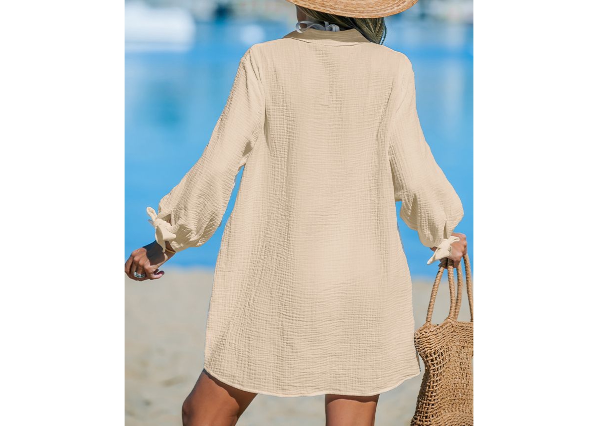 Cupshe Women's Seersucker Tie Cuff Cover Up Dress -khaki