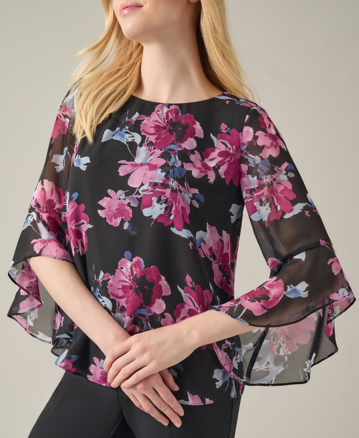 Kasper Women's Floral-Print Ruffle-Sleeve Blouse -Cerise Multi