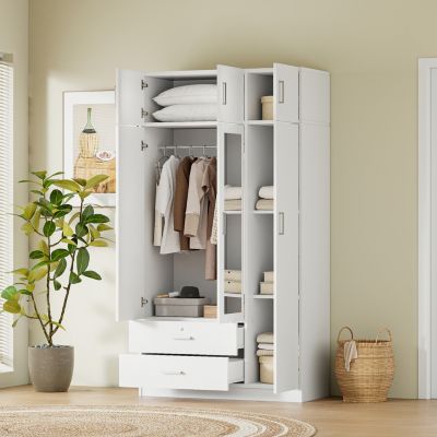 Modern 3-Door Wardrobe with Drawers, Mirror, & Cabinet