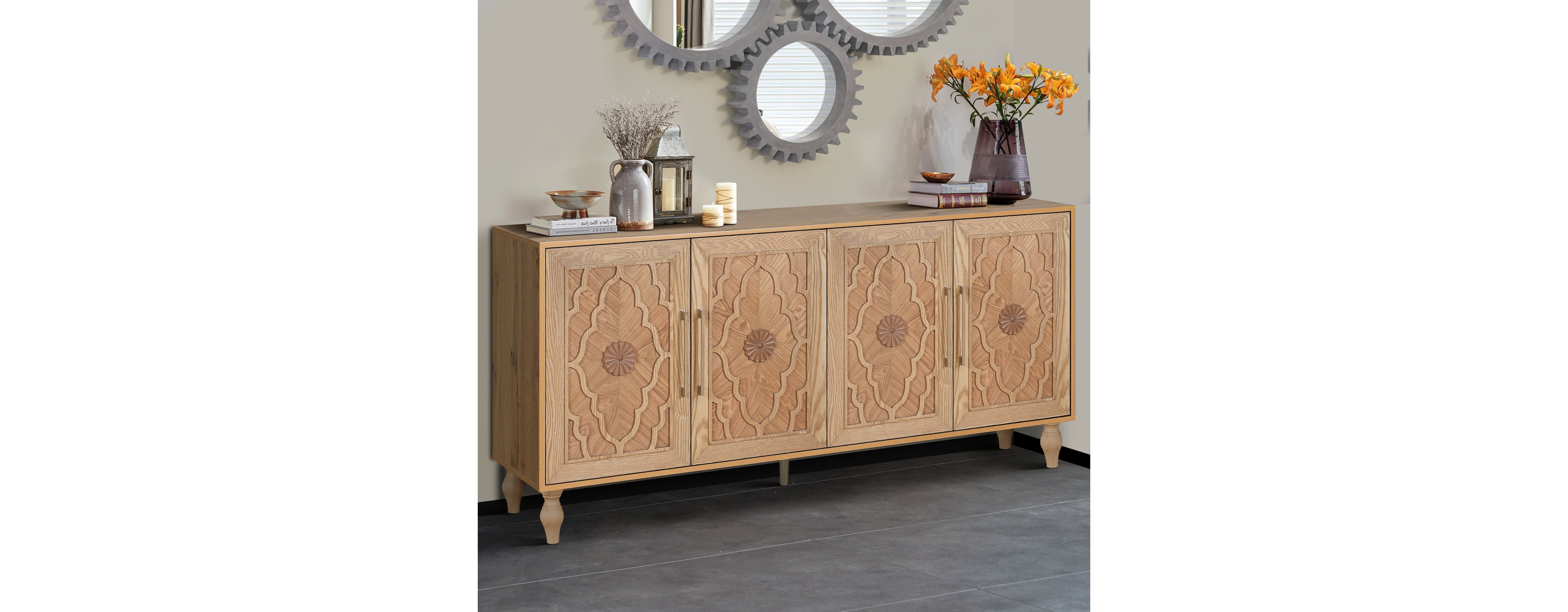 Carved Wood Storage Cabinet with Metal Handles