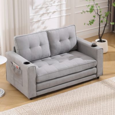 Streamdale 3-in-1 Tufted Futon Sofa Bed with Side Pockets and Cup Holders