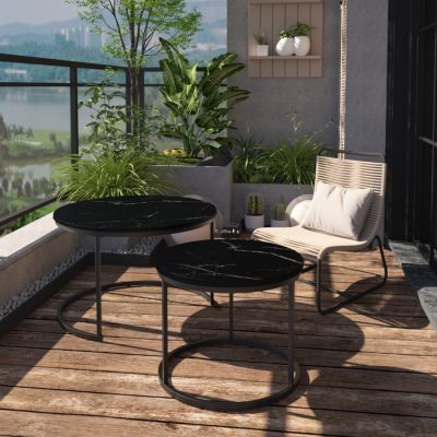 2-Tier Nesting Coffee Table Set with Marble Pattern Top