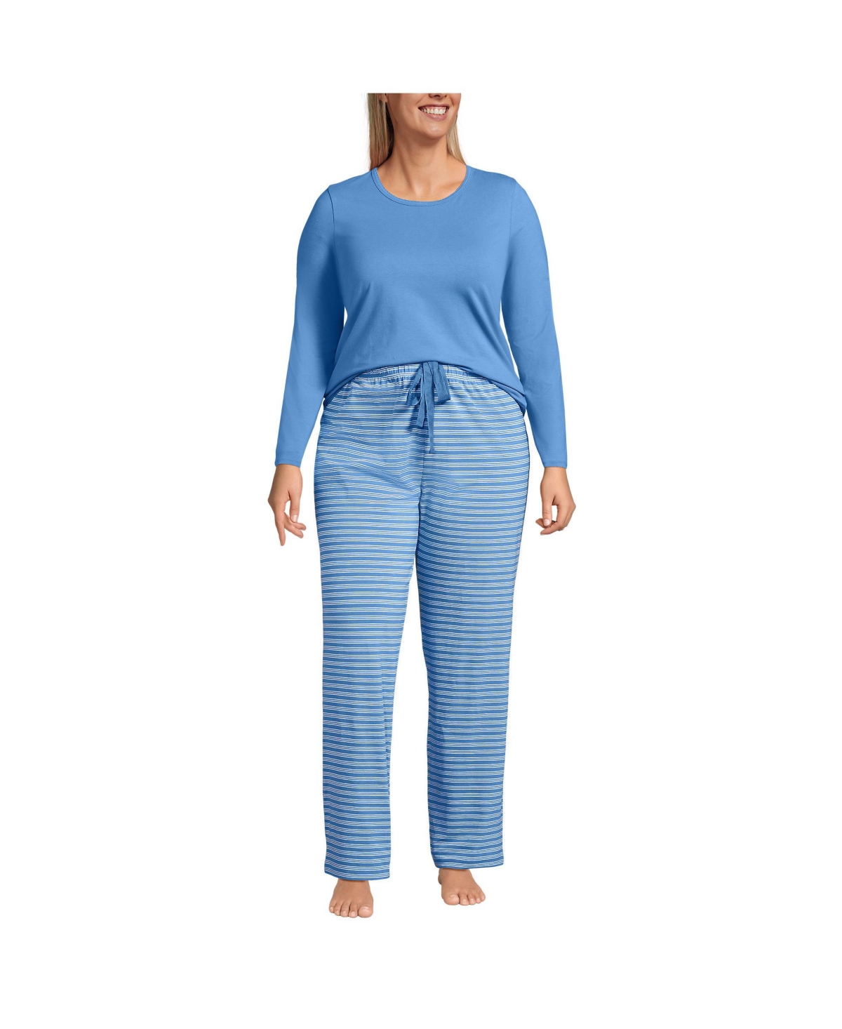 Lands' End Plus Size Knit Pajama Set Long Sleeve T-Shirt and Pants -white stripes