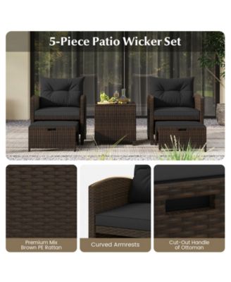 5 Pieces Patio Rattan Furniture with 2 Ottomans and Tempered Glass Coffee Table