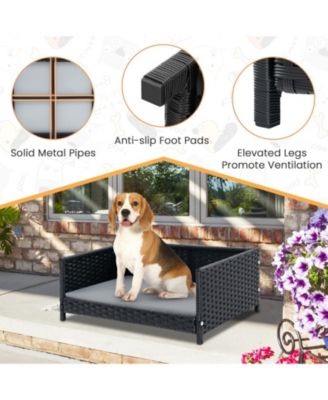 Rattan Dog Bed with Waterproof Soft Cushion for Medium Small Dogs Cats-Grey