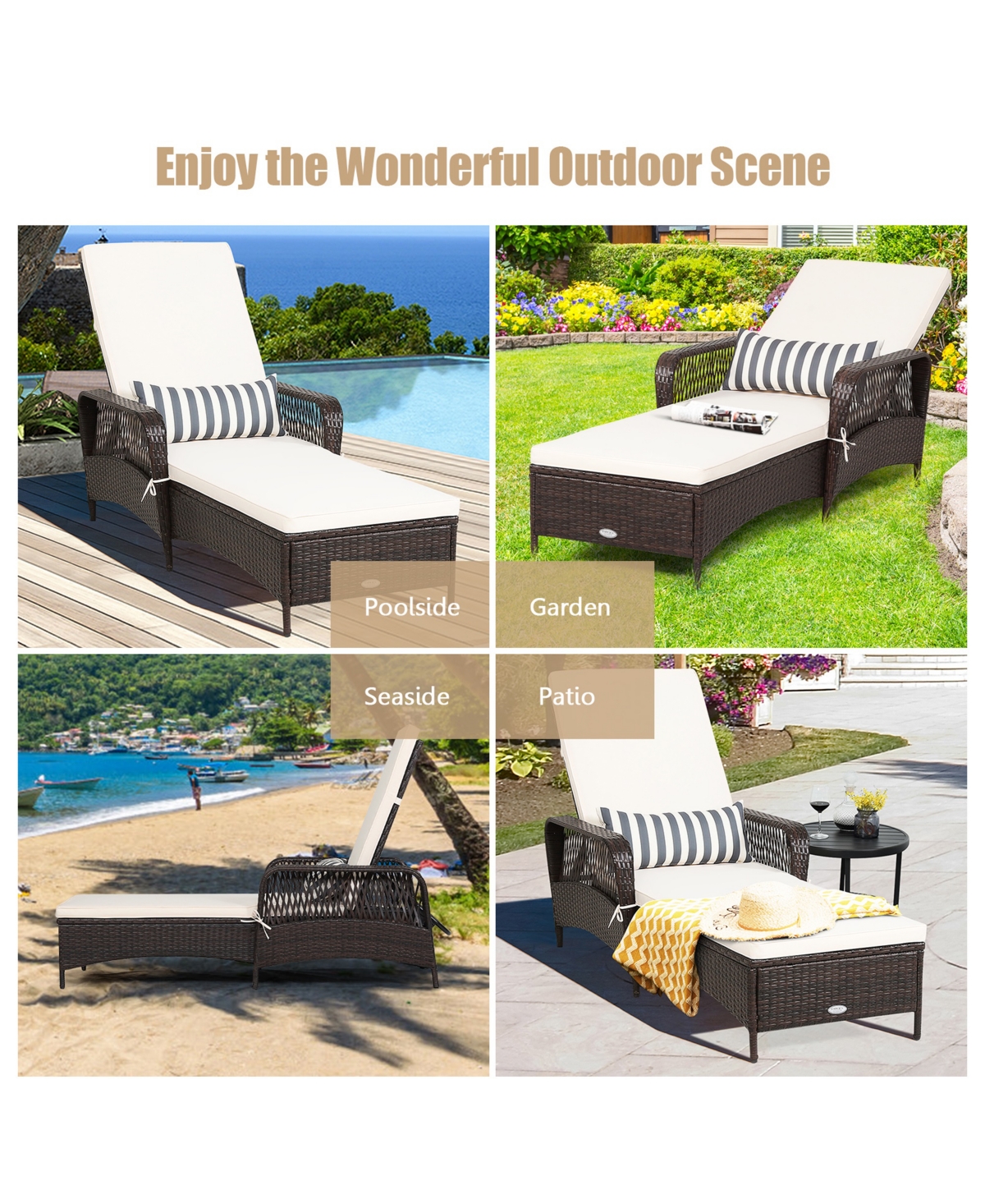 Gymax Rattan Patio Lounge Chair Chaise w/ Adjustable Backrest Cushion & Pillow - White+mix brown