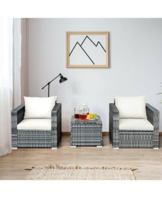 3 Pieces Patio Rattan Furniture Bistro Sofa Set with Cushioned