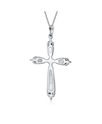 Western Style Spiritual Religious Blue Natural Turquoise Fleur De Lis Cross Pendant Necklace Oxidized Sterling Silver