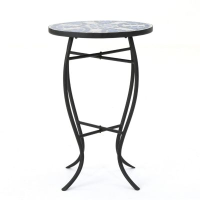 Streamdale Blue And White Ceramic Tile End Table With Matte Black Iron Frame