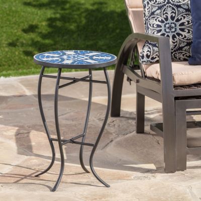 Streamdale Blue And White Ceramic Tile End Table With Matte Black Iron Frame