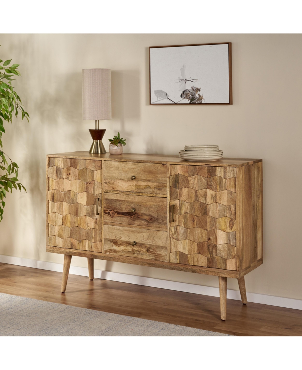 Simplie Fun Mid-Century Modern 3-Drawer 2-Door Cabinet With 3D Tile Weave