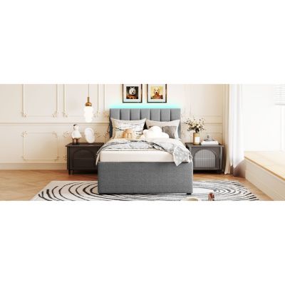 Streamdale Teddy Fleece Twin Platform Bed with Trundle, LED Lights, Beige