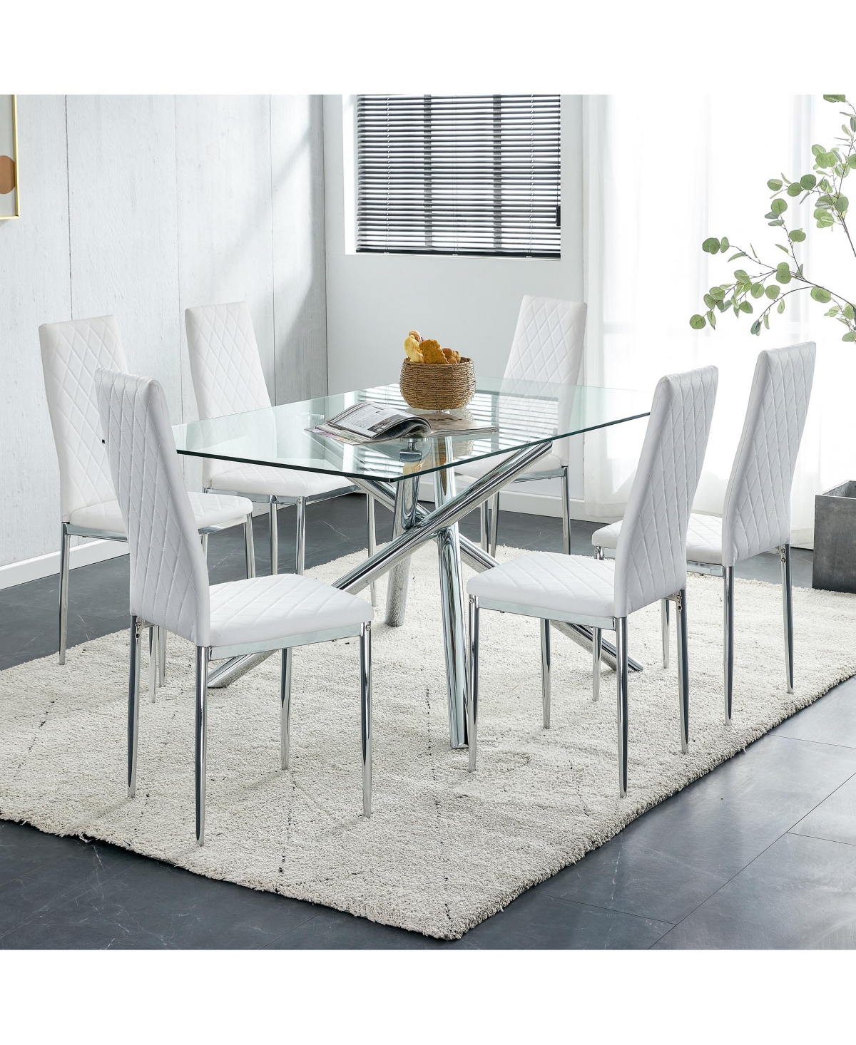 Streamdale Furniture Modern Grid Armless Dining Chair, 6-Piece Set,with Silver Legs - White