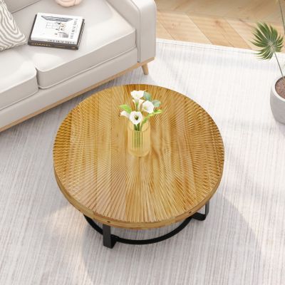 Modern Round Coffee Table with Carved Pine Top and Metal Legs