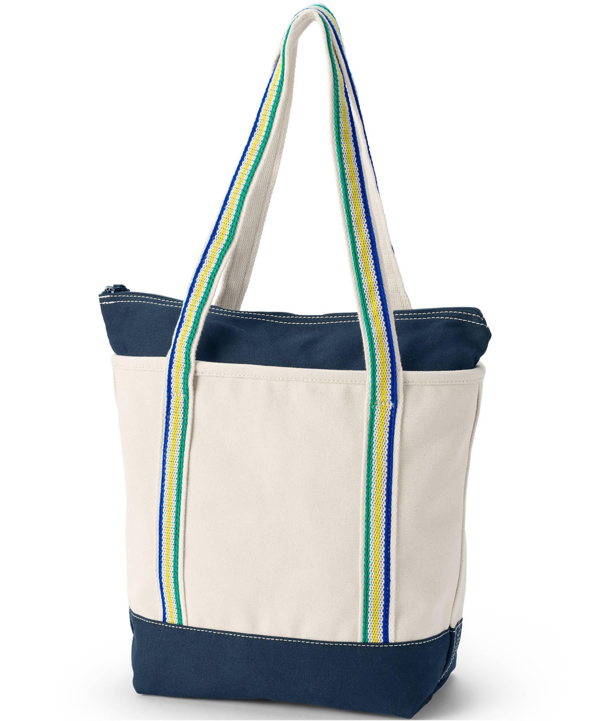 Lands' End5 Pocket Zip Top Long Handle Canvas Tote Bag - Natural/radiant navy stripe