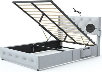 Full-Size Bed Frame with Storage, USB Ports, Modern Wingback Headboard