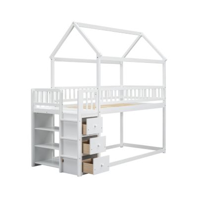Twin House Bunk Bed with Shelves, Drawers, and Playful Roof Design