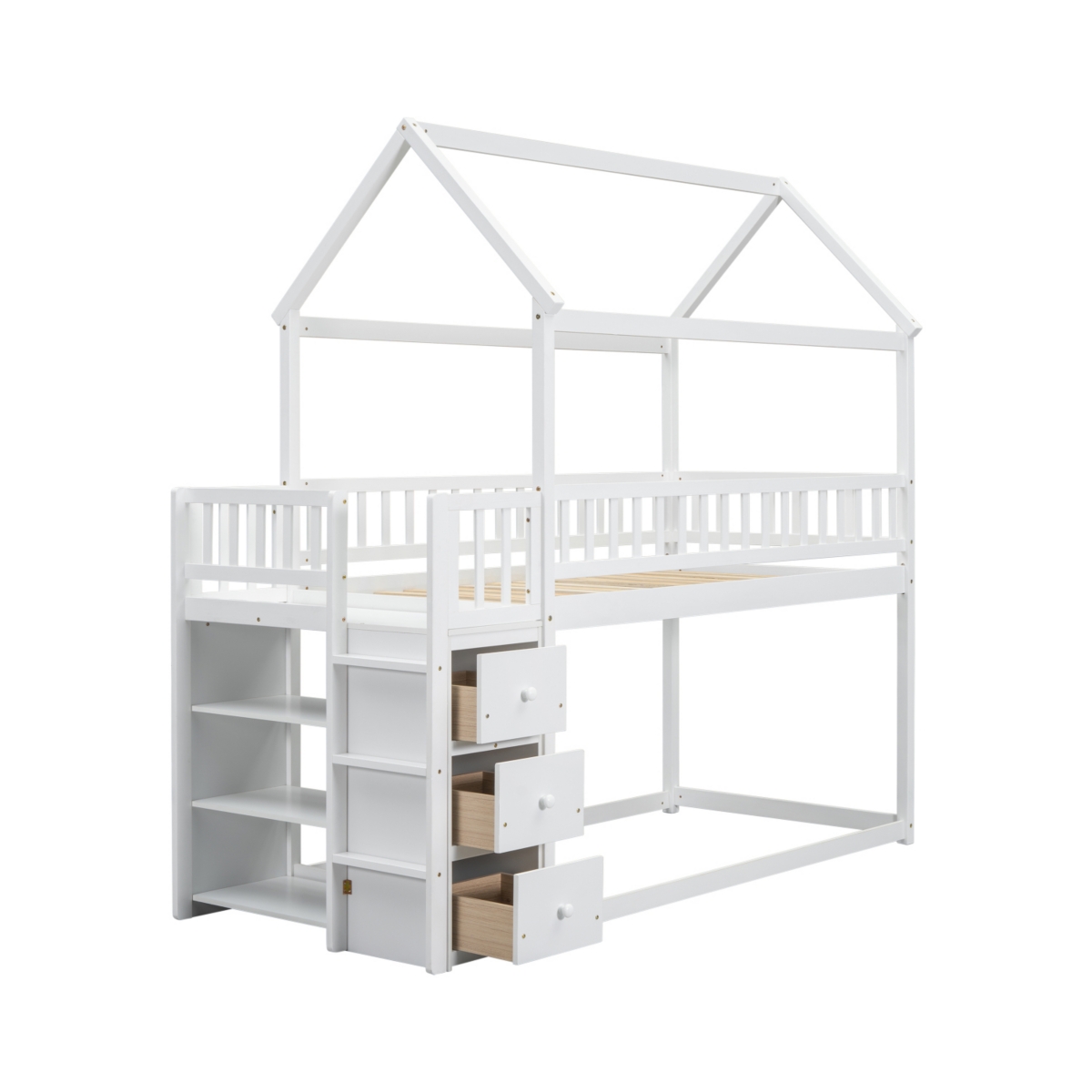 Simplie Fun Twin House Bunk Bed with Shelves, Drawers, and Playful Roof Design