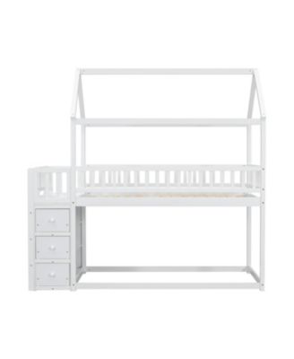 Twin House Bunk Bed with Shelves, Drawers, and Playful Roof Design