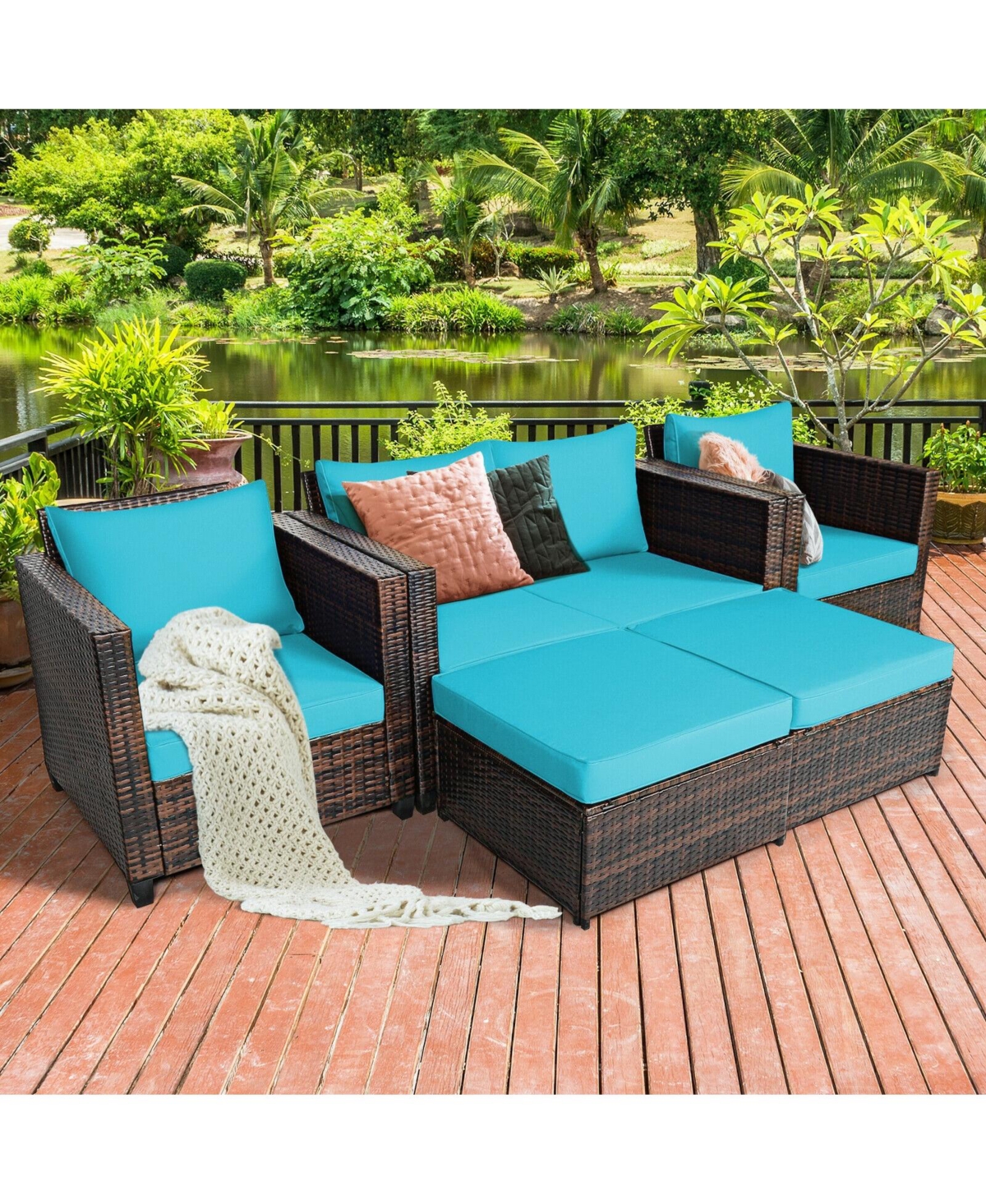 5 Pieces Patio Rattan Furniture Set Conversation Sets with Removable Cushions