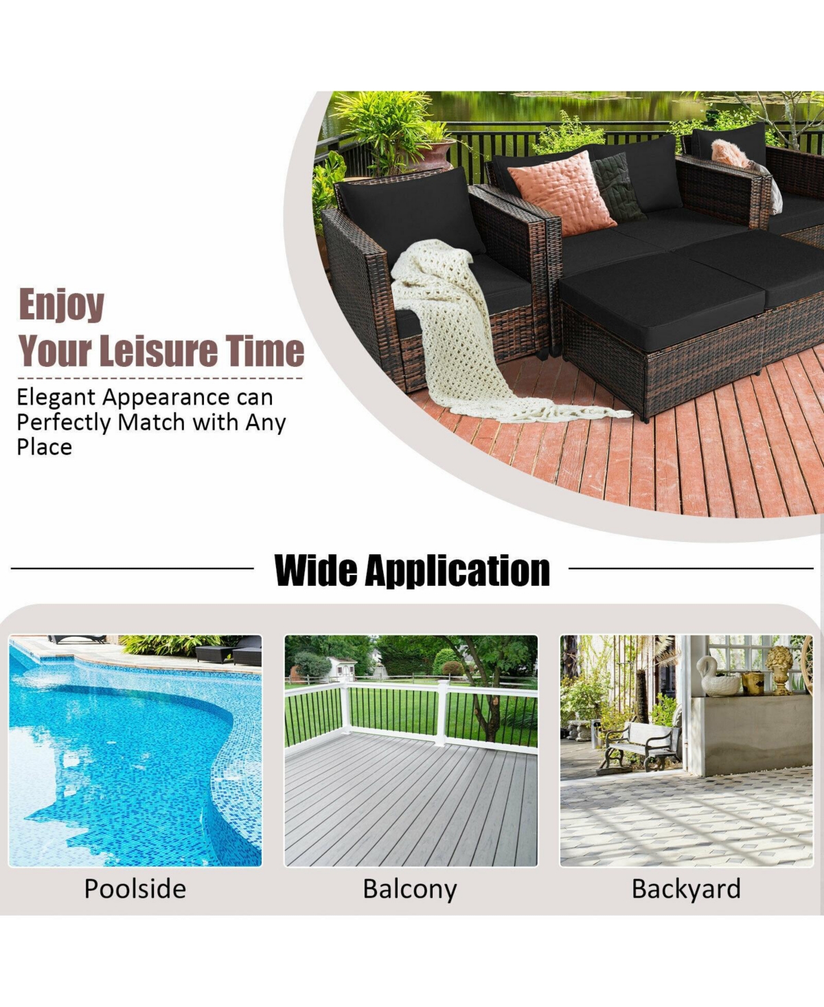 5 Pieces Patio Rattan Furniture Set Conversation Sets with Removable Cushions