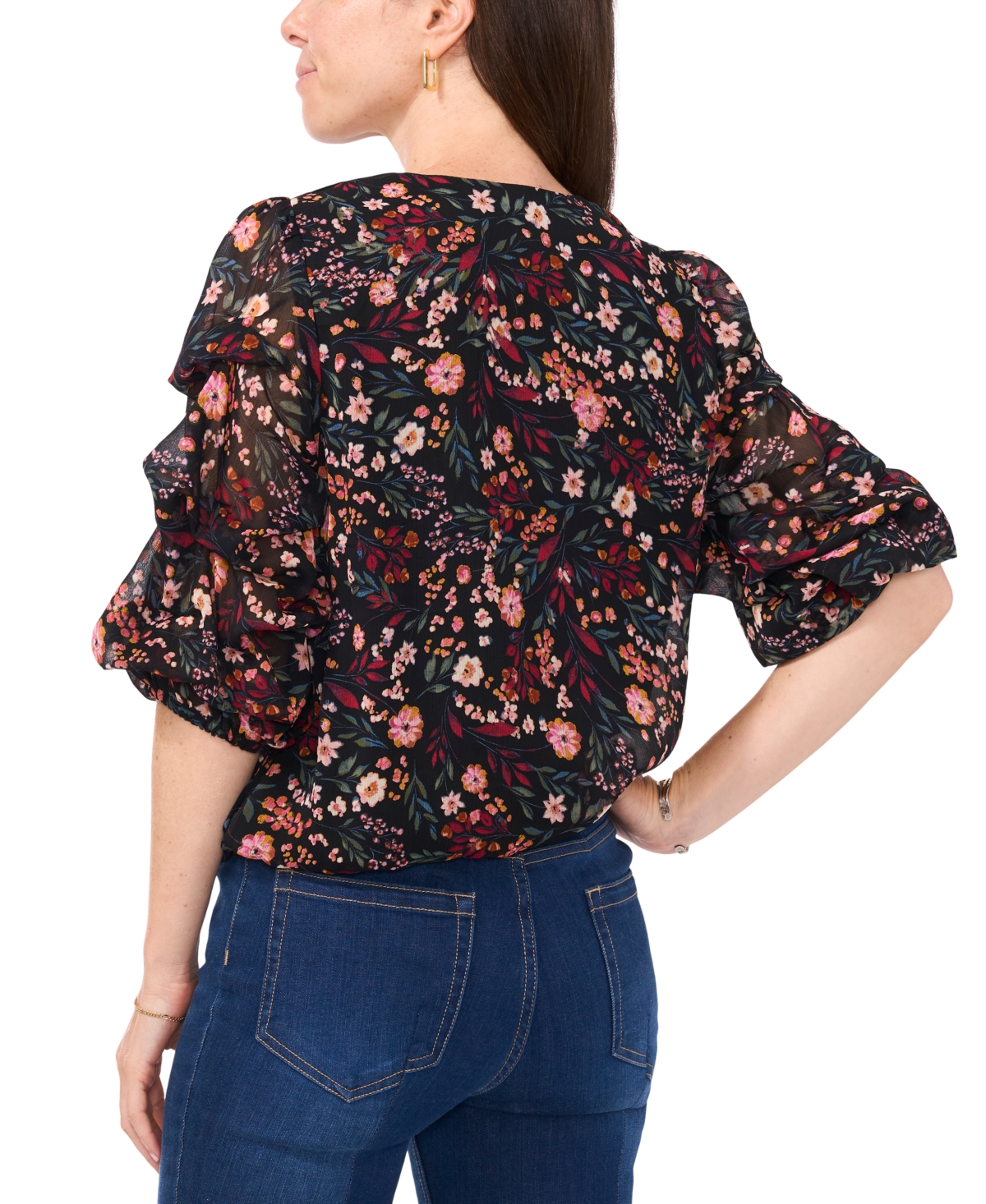 Sam & Jess Petite V-Neck Floral-Print 3/4-Sleeve Top - Black 001