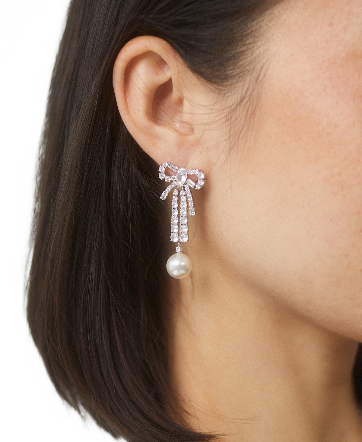 Eliot DanoriPlated Cubic Zirconia & Imitation Pearl Linear Drop Earrings, Created for Macy's - Rhodium