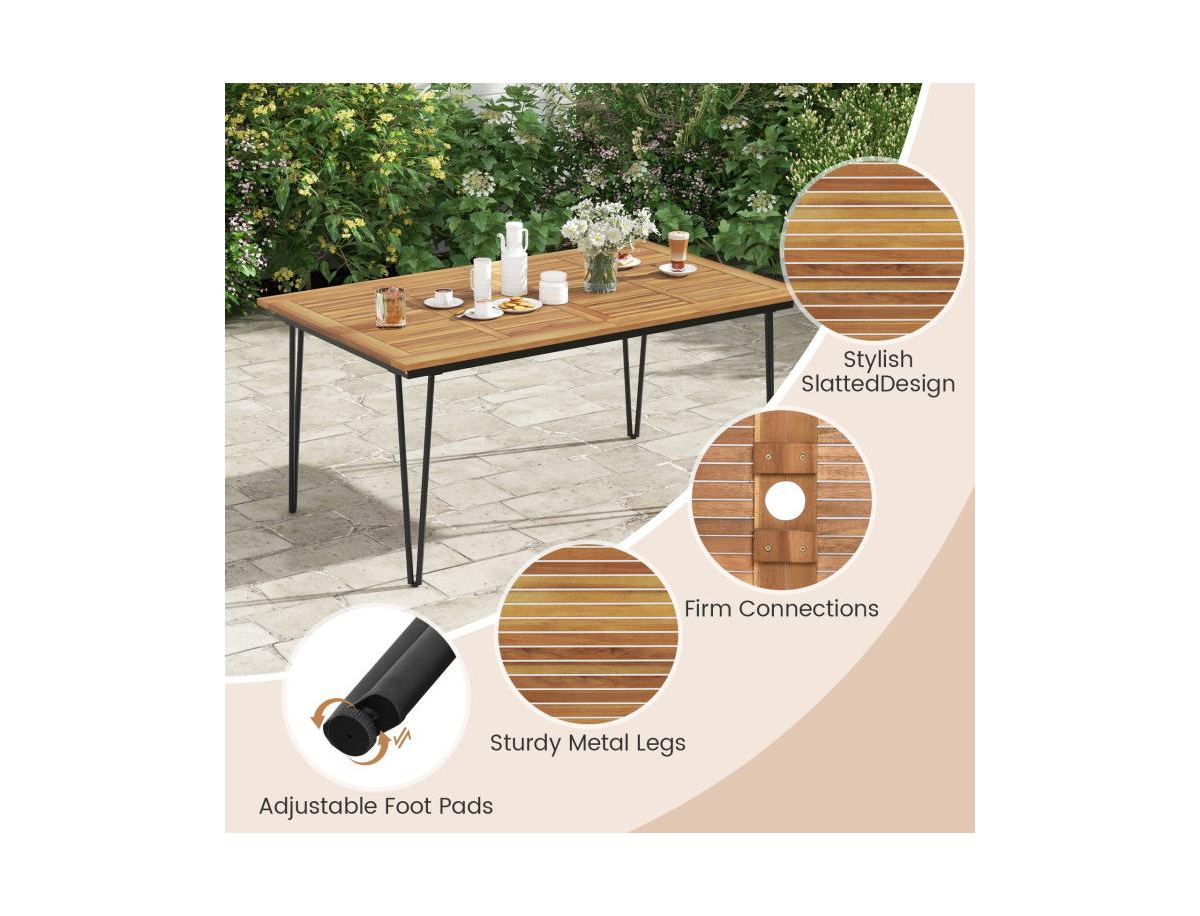 Slickblue Rectangular Patio Dining Table for 8 with Acacia Wood Tabletop and Umbrella Hole