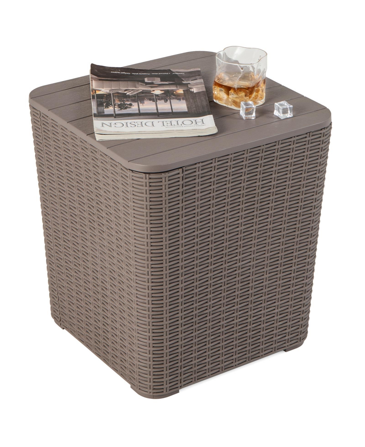 Slickblue Outdoor Resin Storage Side Table with Removable Lid and Wicker-woven Accent
