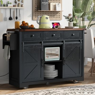 Black Wood Grain Farmhouse Kitchen Island with Sliding Doors
