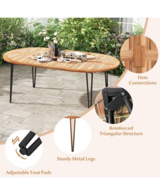 79 Inch Oval Patio Dining Table with Umbrella Hole and Acacia Wood Tabletop for 8 People