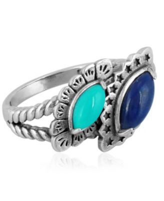 Sterling Silver Night and Day Lapis Lazuli and Sleeping Beauty Turquoise Gemstone Bypass Ring