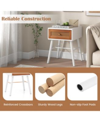Rattan Nightstand Mid Century Modern Accent Table with Drawer-White