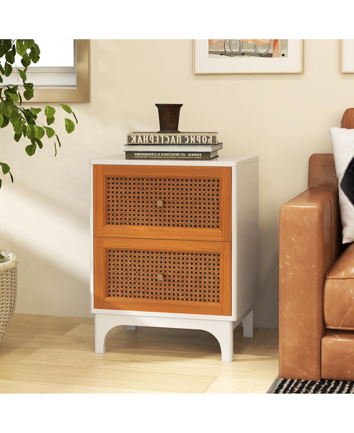 Slickblue Boho Accent Table Nightstand with 2 Handwoven Rattan Decorated Drawers-White