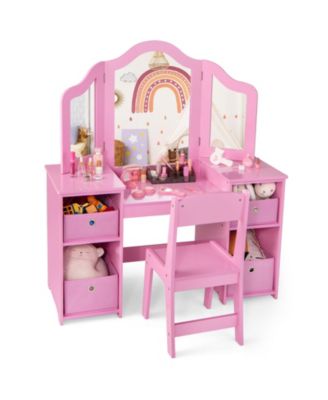 Kids Vanity Table and Chair Set with Removable Mirrors and 4 Storage Bins