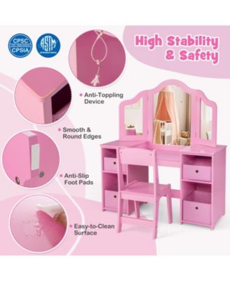 Kids Vanity Table and Chair Set with Removable Mirrors and 4 Storage Bins