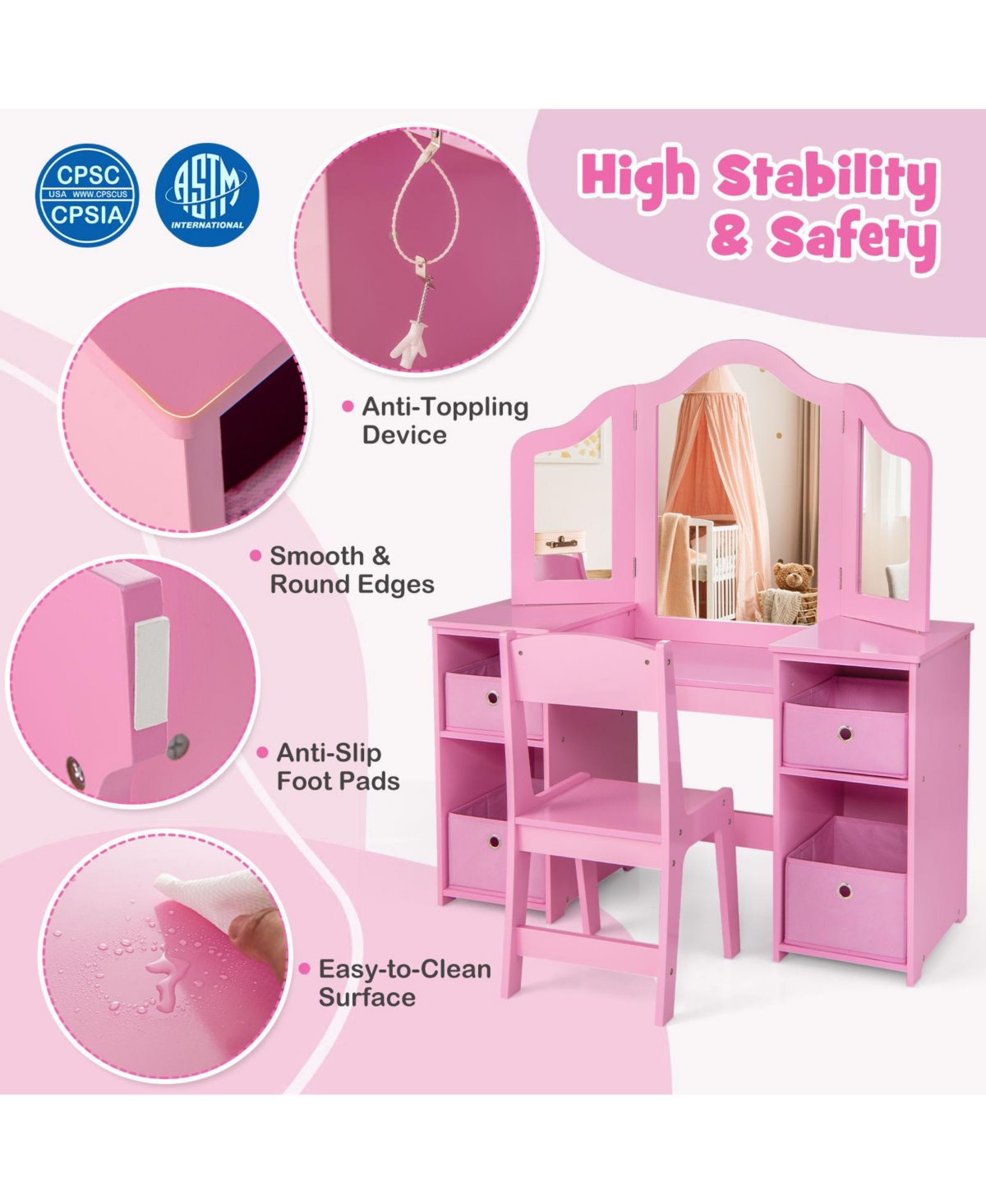 Slickblue Kids Vanity Table and Chair Set with Removable Mirrors and 4 Storage Bins