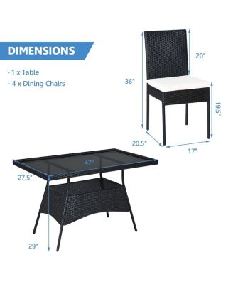 5 Pieces Rattan Dining Set with Glass Table and High Back Chair