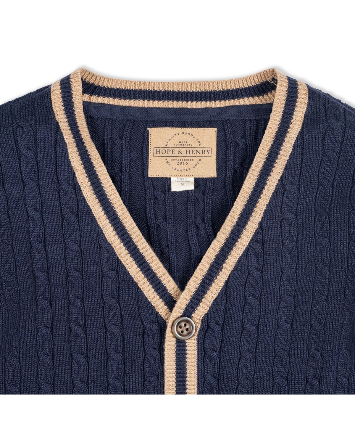 Hope & Henry Boys Organic Long Sleeve Cable Knit Cardigan Sweater with Stripe Trim - Navy cable with camel