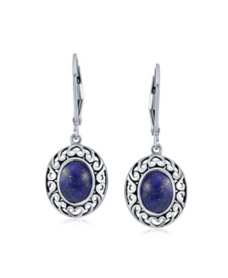 3CTW Natural Stones Oval Bezel Set Lever Back Dangle Earrings Oxidized .925 Sterling Silver