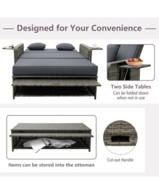 Patio Wicker Loveseat Sofa with Multipurpose Ottoman and Retractable Side Tray