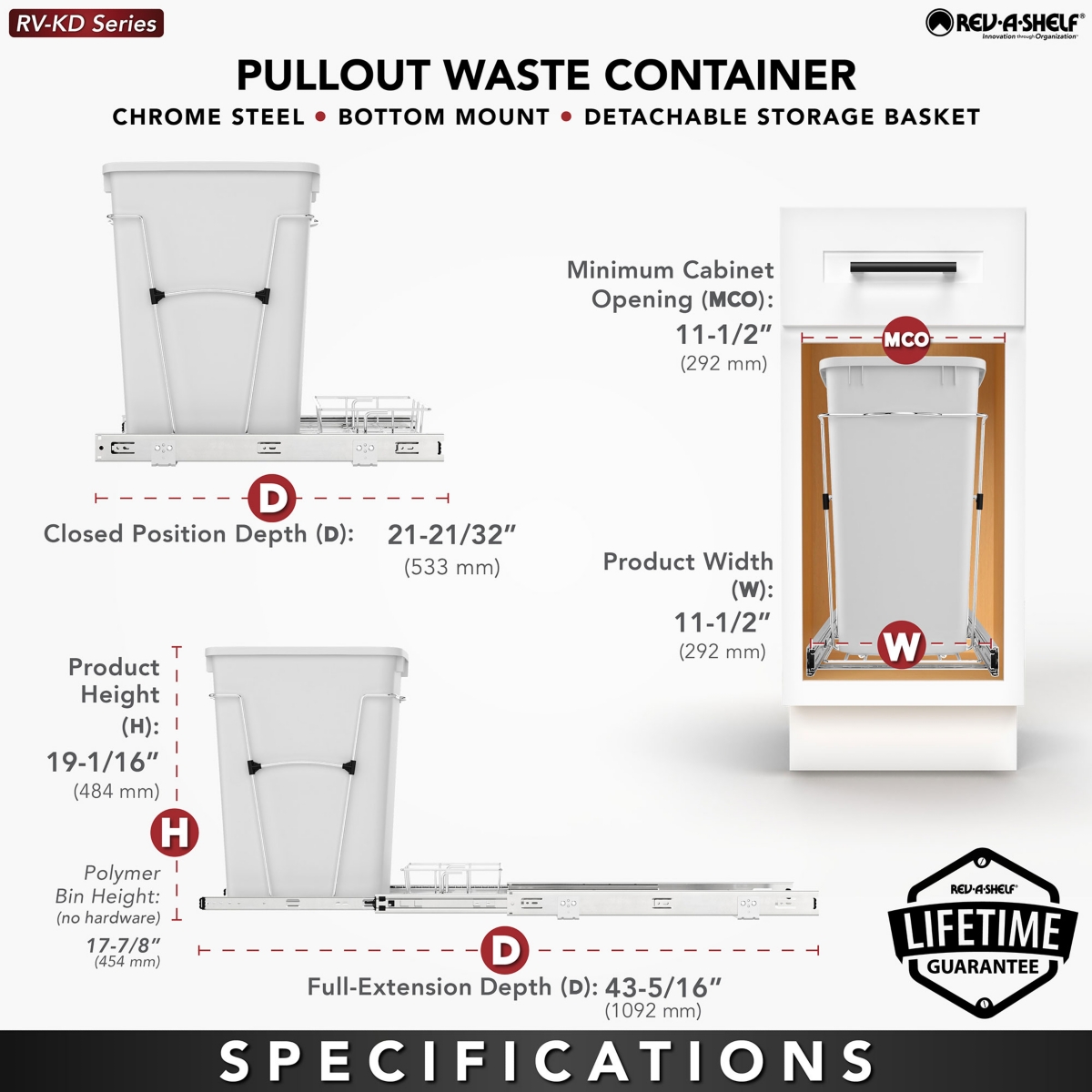 Rev-a-Shelf Pull Out Trash Can 35 Qt for Kitchen Cabinets, Silver, Rv-12KD-17C S