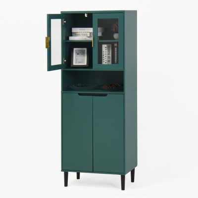 Tall Storage Cabinet with Glass Display & Gold Handles